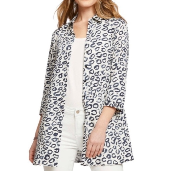 Nic + Zoe Kisses White Navy Leopard Print Cotton Tunic/Jacket Size Medium - Picture 1 of 10